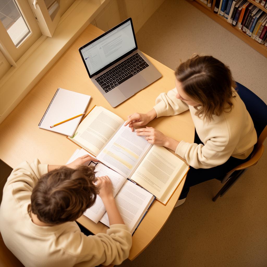 Bird's-eye view of a student studying in a library with a tutor beside them